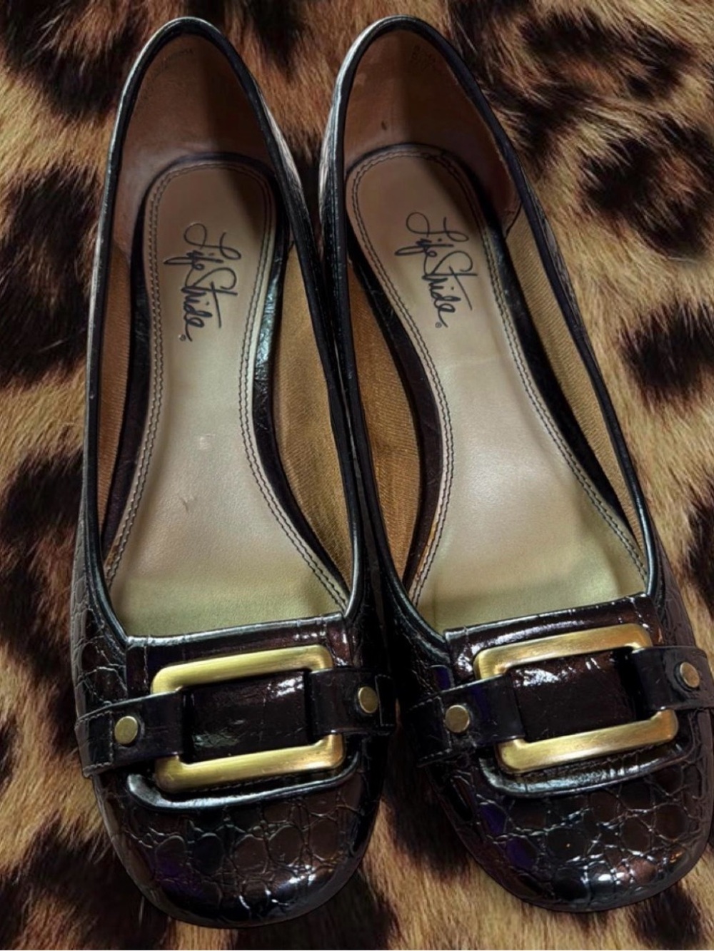 Life Stride Y2K Dark Brown Croc-Embossed Flats with Gold Buckle